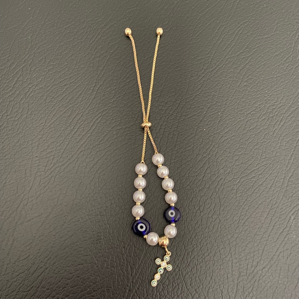 Adjustable Gold and Blue Evil Eye Beaded Bracelet